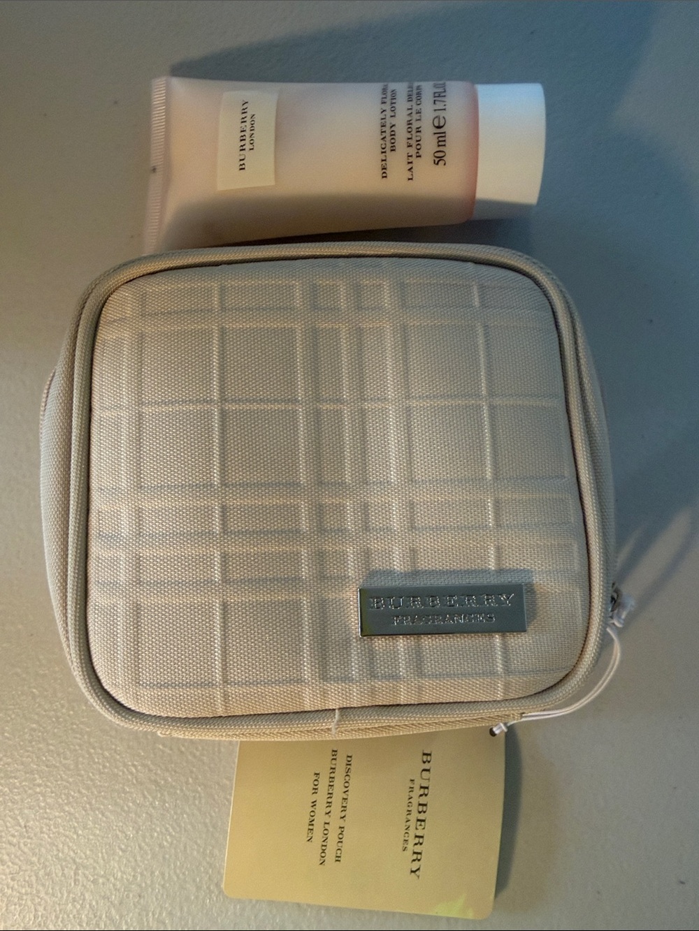 Burberry Cream Plaid Cosmetic Pouch with Metal Logo
